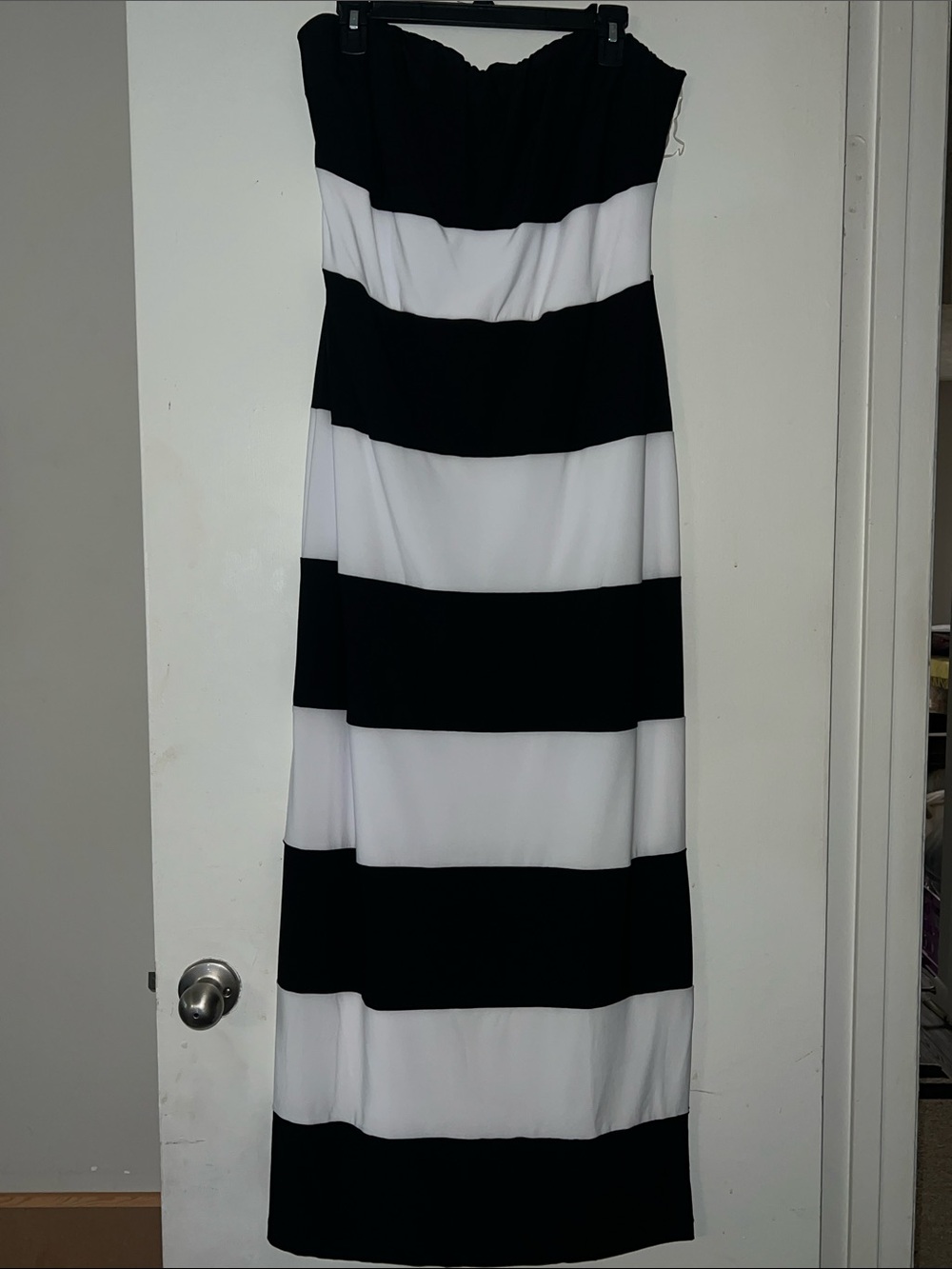 Fashion Nova Strapless Black and White Horizontal Stripe Maxi Dress